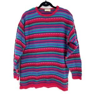 VTG 90s L.L. Bean 3D Knit Sweater Medium Multicolor Stripe USA Cottage‎ Grandma